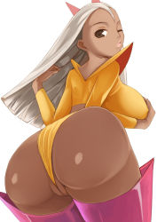 Rule 34 | 1girl, ass, boots, grabbing another&#039;s breast, breast hold, breasts, brown eyes, chokirinu vesta, crayon shin-chan, crayon shin chan: adventure in henderland, dark-skinned female, dark skin, female focus, grabbing, huge ass, large breasts, lips, long hair, looking at viewer, looking back, mokkosu., one eye closed, pantyhose, partially visible vulva, pussy, pussy peek, simple background, solo, thigh boots, thighhighs, wedgie, white background, white hair, wink