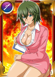 Rule 34 | 00s, 1girl, bare legs, breasts, card (medium), female focus, green hair, ikkitousen, kyocho chuukou, large breasts, looking at viewer, shiny skin, short hair, skirt, solo
