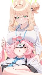 Rule 34 | 2girls, absurdres, ahoge, black skirt, blonde hair, blue archive, blue necktie, blush, breast rest, breasts, closed eyes, closed mouth, commentary, drooling, green eyes, green halo, halo, highres, holding another&#039;s hair, hoshino (blue archive), lanyard, large breasts, long hair, looking at another, looking down, multiple girls, necktie, nonomi (blue archive), pink hair, saliva, sgholln, shirt, simple background, sitting, skirt, sleeping, smile, thighs, white background, white shirt