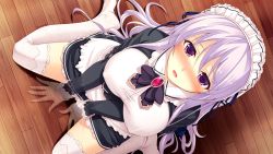 Rule 34 | 1girl, blush, breasts, chobipero, game cg, large breasts, legs, long hair, looking up, maid, maid headdress, no shoes, open mouth, purple eyes, purple hair, shin shirogane no soleil reanswer, sitting, solo, tears, thighs, white legwear, wooden floor