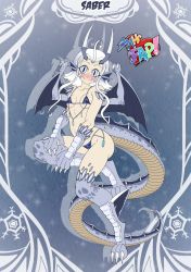 Rule 34 | bikini, blue eyes, blush, chain, claws, dragon, dragon girl, fang, flat chest, highres, horns, jewelry, lingerie, mhfap, monster girl, punishedkom, scales, silver hair, smile, solo, swimsuit, tail, underwear, wings