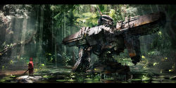Rule 34 | 1girl, animal ears, blurry, commentary, highres, jean popo, jungle, letterboxed, light rays, lily pad, mecha, nature, original, plant, realistic, robot, ruins, scenery, science fiction, severed arm, severed limb, solo, sunlight, sword, tree, vines, water, weapon, wetland, wreckage