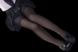Rule 34 | 1girl, absurdres, allenes, black background, black footwear, black pantyhose, black skirt, dated, head out of frame, highres, loafers, original, pantyhose, pleated skirt, school uniform, shirt, shoes, signature, simple background, sitting, skirt, solo, white shirt