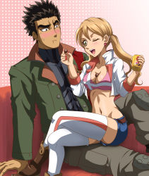 Rule 34 | 1boy, 1girl, ;d, akihiro altland, arm support, belt, between breasts, black hair, blue shorts, blush, bra, breasts, brown hair, cleavage, crossed legs, dark-skinned male, dark skin, earrings, eye contact, green eyes, grey pants, groin, gundam, gundam tekketsu no orphans, hanzou, heart, heart earrings, holding, jewelry, lafter frankland, long hair, looking at another, medium breasts, midriff, nail polish, navel, one eye closed, open mouth, pants, pink bra, red nails, shiny clothes, shiny skin, short shorts, shorts, sitting, smile, sports bra, stomach, thighhighs, twintails, underwear, white thighhighs
