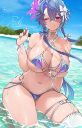 Rule 34 | 1girl, arm behind back, arm strap, azur lane, bikini, blue bikini, blue hair, blue sky, breasts, character name, choker, cleavage, collarbone, commentary, cross, crossed bangs, day, dishwasher1910, english commentary, eyelashes, floating hair, foch (azur lane), hair ribbon, hand up, highres, huge breasts, looking at viewer, nail polish, navel, o-ring, o-ring bikini, one eye closed, outdoors, pink eyes, ribbon, signature, single thighhigh, skindentation, sky, smile, solo, string bikini, swimsuit, thighhighs, thighs, underboob, water, wet, white ribbon, white thighhighs, zipper pull tab