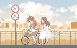 Rule 34 | 1boy, 1girl, :d, aged down, bare shoulders, bicycle, blue sky, bow, brown eyes, brown hair, brown shorts, closed eyes, cloud, cloudy sky, dress, flower, full body, hair bow, highres, holding, holding flower, hood, hoodie, long hair, luke pearce (tears of themis), open mouth, outdoors, riding, riding bicycle, road sign, rosa (tears of themis), short hair, short sleeves, shorts, sign, sky, sleeveless, sleeveless dress, smile, sundress, tears of themis, walking, white dress, white hoodie, yellow flower, yingchuan981