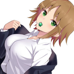 Rule 34 | 1girl, blue jacket, blush, breasts, brown hair, candy, collared shirt, commentary request, dress shirt, food, green eyes, hand up, huyumitsu, jacket, lips, lollipop, looking at viewer, medium breasts, mouth hold, osano rui, removing jacket, shirt, short hair, simple background, solo, upper body, white background, white shirt, world trigger