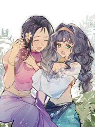 Rule 34 | 2girls, :d, black hair, braid, bush, closed eyes, cropped shirt, facial mark, flower, forehead mark, green eyes, green skirt, hair flower, hair ornament, hair over shoulder, hairband, hand up, highres, jupiter yangzouyue, kanjira, leaf, long hair, long sleeves, looking at viewer, midriff, multiple girls, open mouth, pants, puffy long sleeves, puffy short sleeves, puffy sleeves, purple pants, purple scarf, purple shirt, reverse:1999, scarf, sherjah (reverse:1999), shirt, short sleeves, single braid, single off shoulder, skirt, smile, stomach, teacher and student, upper body, white background, white shirt, yellow flower, yellow hairband