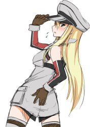 Rule 34 | 10s, 1girl, bismarck (kancolle), blonde hair, blush, breasts, brown gloves, detached sleeves, flying sweatdrops, from behind, gloves, grey thighhighs, hand on headwear, hat, kantai collection, long hair, looking back, natsuki tomosuke, open mouth, peaked cap, sketch, solo, thighhighs