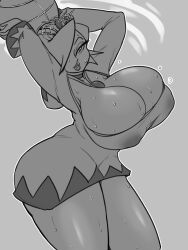 Rule 34 | 1girl, armpit peek, arms up, ball, basketball (object), breasts, choker, cleavage, collarbone, contrapposto, covered erect nipples, dress, eyelashes, final fantasy, flying sweatdrops, from side, gem, grey background, greyscale, hair over one eye, half-closed eye, highres, holding, holding ball, hood, hood down, hooded dress, huge breasts, jewelry, jyto, lips, long sleeves, mario (series), mario basketball 3on3, monochrome, nintendo, outline, parted lips, pendant, seductive smile, short dress, short hair, simple background, smile, solo, taut clothes, taut dress, thick lips, thick thighs, thighs, tiara, white mage (final fantasy), white outline