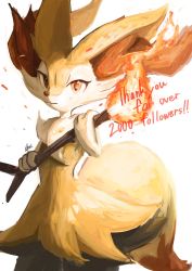 1girl :3 animal_ear_fluff animal_ears animal_nose artist_name black_fur body_fur braixen closed_mouth cowboy_shot creatures_(company) english_text female_focus fire flat_chest fox_ears fox_girl fox_tail furry furry_female game_freak gen_6_pokemon hands_up happy highres holding holding_stick ikei jpeg_artifacts looking_at_viewer milestone_celebration nintendo pokemon pokemon_(creature) red_eyes signature simple_background smile snout solo standing stick tail white_background white_fur yellow_fur