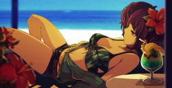 Rule 34 | 1girl, bad id, bad pixiv id, bare shoulders, bendy straw, bikini, black shorts, blurry, blurry background, blurry foreground, breasts, commentary request, cup, day, depth of field, diagonal bangs, drinking glass, drinking straw, flower, green bikini, green jacket, hair flower, hair ornament, horizon, idolmaster, idolmaster shiny colors, jacket, knees up, looking away, lying, medium breasts, minyom, ocean, off shoulder, on back, open clothes, open jacket, outdoors, purple eyes, purple hair, red flower, short shorts, shorts, solo focus, swimsuit, tanaka mamimi, tropical drink, water