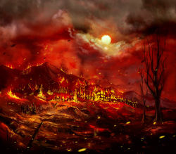 Rule 34 | bare tree, building, burning, burning building, cloud, commentary, destruction, embers, english commentary, fence, fire, mountain, myungseop lee, no humans, original, red theme, smoke, sun, tree