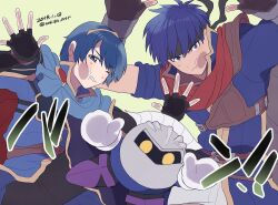 Rule 34 | 3boys, against fourth wall, armor, black gloves, black headband, blue eyes, blue hair, brown gloves, cape, closed mouth, crossover, dated, fingerless gloves, fire emblem, fire emblem: mystery of the emblem, fire emblem: path of radiance, gloves, green background, headband, ike (fire emblem), kirby (series), looking at viewer, male focus, marth (fire emblem), meta knight, multiple boys, nintendo, one eye closed, oshi taberu, simple background, super smash bros., sweat, twitter username