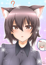 2girls ? animal_ears blush brown_eyes brown_hair cat_ears closed_eyes dress_shirt girls_und_panzer grey_hair grey_shirt heart highres inset io-catalyst itsumi_erika kemonomimi_mode kuromorimine_school_uniform long_sleeves looking_at_viewer medium_hair multiple_girls nishizumi_maho parted_lips school_uniform shirt short_hair solo_focus sparkle upper_body wing_collar