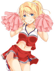 Rule 34 | 1girl, :q, ayase eli, blonde hair, blue eyes, blush, breasts, cheerleader, cleavage, collarbone, commentary request, crop top, hair between eyes, hair ornament, hair scrunchie, hands up, highres, looking at viewer, love live!, love live! school idol festival, love live! school idol project, medium breasts, midriff, miniskirt, mogu (au1127), navel, pom pom (cheerleading), ponytail, red eyes, red socks, scrunchie, shoes, sidelocks, simple background, skirt, socks, solo, tongue, tongue out, white background, white scrunchie