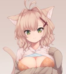 Rule 34 | 1girl, animal ears, blouse, bra, breasts, brown background, cat ears, cat tail, cleavage, closed mouth, clothes lift, green eyes, hair intakes, hair ornament, large breasts, light brown hair, long sleeves, looking at viewer, natsuki teru, open clothes, open shirt, orange bra, original, shirt, shirt lift, simple background, smile, solo, sweater, tail, underwear, upper body, wavy hair, x hair ornament