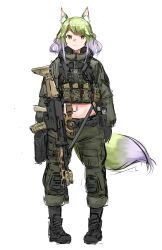 Rule 34 | 1girl, absurdres, adaptive combat rifle, ammunition pouch, animal ears, assault rifle, black footwear, black gloves, black socks, boots, brown eyes, closed mouth, crop top, cross-laced footwear, folding stock, fox ears, fox girl, fox tail, full body, gloves, green hair, green jacket, green pants, groin, gun, gun sling, highres, jacket, lace-up boots, lace-up footwear, long hair, looking at viewer, magazine (weapon), midriff, military jacket, original, pants, pants tucked in, pouch, purple hair, rennn (ilobeste), rifle, scope, shoes, simple background, socks, solo, tail, weapon, white background