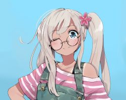 Rule 34 | 1girl, alternate costume, alternate hairstyle, bespectacled, blue eyes, commentary request, flower, glasses, hair flower, hair ornament, kantai collection, overalls, ro-500 (kancolle), simple background, smirk, solo, tan, tanline, wataro (watawatawatapon), white hair