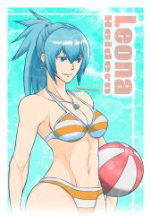 Rule 34 | 1girl, bikini, blue eyes, blue hair, breasts, cleavage, highres, large breasts, leona heidern, medium breasts, navel, ponytail, snk, solo, swimsuit, the king of fighters