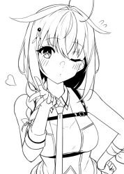Rule 34 | 1girl, ahoge, blowing kiss, braid, fingerless gloves, gloves, hair flaps, hair over shoulder, hand on own hip, highres, kantai collection, lineart, long hair, monochrome, necktie, one eye closed, shiba (zudha), shigure (kancolle), shigure kai san (kancolle), shirt, single braid, sleeveless, sleeveless shirt, solo, upper body