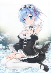 Rule 34 | 10s, 1girl, absurdres, apron, bare shoulders, black bow, black dress, black footwear, black ribbon, blue eyes, blue hair, blush, bow, breasts, closed mouth, colored eyelashes, detached collar, detached sleeves, dress, flower, frilled sleeves, frills, full body, gradient background, hair ornament, hair ribbon, hairband, hand on lap, highres, juliet sleeves, juna, knees together feet apart, lolita hairband, long sleeves, looking at viewer, maid, maid apron, mary janes, medium breasts, pantyhose, petals, pink ribbon, puffy sleeves, re:zero kara hajimeru isekai seikatsu, rem (re:zero), ribbon, scan, shoes, short hair, sitting, smile, solo, sparkle, tareme, wariza, white apron, white bow, white pantyhose, wide sleeves, x hair ornament