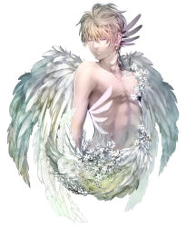 Rule 34 | 1boy, angel, angel wings, bad id, bad pixiv id, blonde hair, eyelashes, closed eyes, feathered wings, feathers, flower, highres, male focus, original, plant, topless male, solo, wings, yanne, ygg