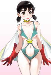 Rule 34 | 1girl, alternate costume, ass, bare shoulders, blush, breasts, brown eyes, brown hair, clothing cutout, collarbone, cowboy shot, doraemon, dytm, gloves, gluteal fold, gradient background, highres, minamoto shizuka, navel, navel cutout, open mouth, red gloves, revealing clothes, short hair, short twintails, small breasts, solo, thighs, twintails, underboob