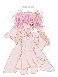 Rule 34 | 1girl, amulet dia, character name, dress, hinamori amu, long sleeves, looking at viewer, off-shoulder dress, off shoulder, one eye closed, open mouth, orange eyes, pink hair, short twintails, shugo chara!, smile, solo, tische, twintails, white background, white dress
