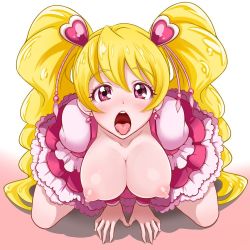 Rule 34 | 1girl, blonde hair, breasts, breasts out, cure peach, female focus, fresh precure!, idol, kechin (oreteki18kin), large breasts, looking at viewer, momozono love, nipples, open mouth, oral invitation, precure, purple eyes, tongue, tongue out, twintails