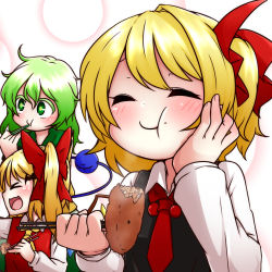 Rule 34 | &gt; &lt;, 3girls, :&gt;, :d, :t, > <, blonde hair, blush, chopsticks, chopsticks in mouth, croquette, eating, closed eyes, fang, flandre scarlet, foodgasm, green eyes, green hair, hair ribbon, hand on own face, kameyan, komeiji koishi, long sleeves, multiple girls, no headwear, no headwear, open mouth, outstretched arm, ribbon, rumia, short hair, side ponytail, smile, third eye, touhou, wings, xd