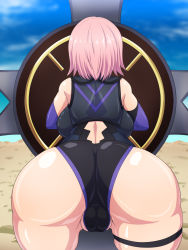 Rule 34 | 1girl, ass, back, backboob, bent over, blue sky, breasts, cameltoe, cloud, commentary request, elbow gloves, fate/grand order, fate (series), gloves, highres, leotard, mash kyrielight, outdoors, purple gloves, purple hair, regls, shield, short hair, sky, solo, thigh strap
