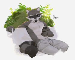 Rule 34 | 1boy, 9klipse, abs, animal ears, commentary, dated, echo (visual novel), echo project, english commentary, furry, furry male, grey pants, highres, holding, holding phone, kudzu (echo), looking at phone, male focus, muscular, pants, pectorals, phone, plant, raccoon boy, raccoon ears, raccoon tail, signature, tail, toned, toned male, white background