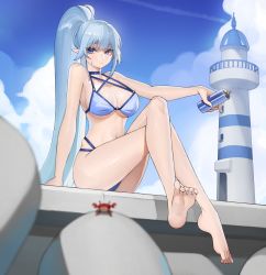 Rule 34 | 1girl, absurdres, artist request, ass, bare arms, bare shoulders, barefoot, bikini, blue bikini, blue choker, blue eyes, blue hair, blurry, breasts, choker, cleavage, closed mouth, commission, crab, crossed legs, depth of field, feet, halterneck, highres, holding, large breasts, lighthouse, long hair, looking at viewer, multi-strapped bikini, navel, original, pointy ears, ponytail, second-party source, sitting, soles, solo, stomach, string bikini, sweatdrop, swimsuit, thighs, toes, very long hair