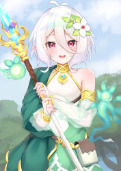 Rule 34 | 1girl, absurdres, ahoge, armlet, bare shoulders, belt, belt pouch, blue sky, blush, bracelet, bridal gauntlets, cloak, cloud, day, dress, flower, forest, green cloak, hair between eyes, hair flower, hair ornament, halter dress, halterneck, hashiko nowoto, highres, holding, holding staff, jewelry, kokkoro (princess connect!), looking at viewer, nature, open mouth, outdoors, pendant, pointy ears, pouch, princess connect!, red eyes, short hair, sky, sleeveless, sleeveless dress, solo, staff, standing, two-tone dress, white hair