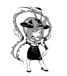 Rule 34 | 1girl, bow, chibi, closed mouth, closed eyes, full body, greyscale, hat, hat bow, high heels, legs apart, long sleeves, medium hair, monochrome, nagae iku, necktie, outstretched arms, pencil skirt, ruukii drift, shawl, simple background, skirt, smile, solo, spread arms, standing, touhou, white background