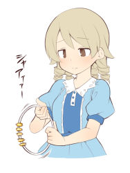Rule 34 | 1girl, bad id, bad pixiv id, blue dress, blush, brown eyes, closed mouth, cropped torso, dress, holding, holding instrument, idolmaster, idolmaster cinderella girls, instrument, instrument request, light brown hair, long hair, morikubo nono, puffy short sleeves, puffy sleeves, ringlets, short sleeves, simple background, smile, solo, translation request, uccow, upper body, white background