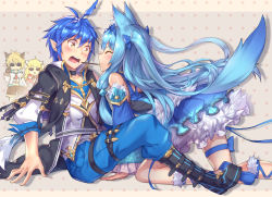 Rule 34 | 2boys, 2girls, ahoge, animal ears, arm support, assertive female, aura kingdom, ayako (aura kingdom), bare shoulders, belt, black footwear, blue bow, blue dress, blue hair, blue pants, blue ribbon, blush, boots, bow, breasts, brother and sister, choker, collarbone, detached sleeves, dress, embarrassed, closed eyes, food, food in mouth, fox ears, fox tail, gretel (aura kingdom), hair bow, hansel (aura kingdom), hetero, highres, holster, jacket, kneeling, long hair, long sleeves, looking at another, medium breasts, mouth hold, multiple boys, multiple girls, open clothes, open jacket, open mouth, pants, pocky, pocky day, pointy ears, ribbon, shennai misha, shirt, short hair, siblings, sitting, sunglasses, tail, thigh holster, two side up, white shirt, wide sleeves, yellow eyes