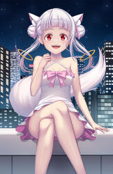 Rule 34 | 1girl, absurdres, animal ears, arashi chisato, blush, building, city, commentary, cosplay, criss-cross halter, crossed legs, double bun, dress, earrings, hair bun, halterneck, highres, jewelry, kyubey, kyubey (cosplay), long hair, looking at viewer, love live!, love live! superstar!!, mahou shoujo madoka magica, mahou shoujo madoka magica (anime), night, night sky, red eyes, single sidelock, sitting, sky, smile, star (sky), starry sky, straight-on, tail, teeth, tsukimi seiya, upper teeth only, white dress, white hair