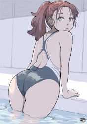 Rule 34 | 1girl, ass, brown hair, competition swimsuit, dated, green eyes, hadashi no kenji, highres, indoors, long hair, looking at viewer, one-piece swimsuit, ponytail, pool, solo, swimsuit, water
