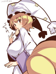 Rule 34 | 1girl, 2016, animal hat, blonde hair, blush, breasts, dated, fox tail, hat, huge breasts, kasa jizou, looking at viewer, looking to the side, mob cap, mouth hold, multiple tails, mob cap, short hair, solo, surprised, tabard, tail, touhou, yakumo ran, yellow eyes