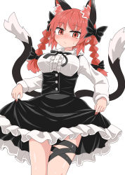 Rule 34 | 1girl, alternate costume, animal ear fluff, animal ears, black bow, black dress, black ribbon, black tail, blush, bow, braid, breasts, buttons, cat ears, cat tail, chups, closed mouth, clothes lift, cowboy shot, dress, extra ears, hair bow, highres, kaenbyou rin, large breasts, leg ribbon, long sleeves, looking at viewer, medium hair, multiple tails, neck ribbon, red eyes, red hair, ribbon, side braids, simple background, skirt, skirt lift, solo, standing, sweat, tail, touhou, twin braids, two tails, white background