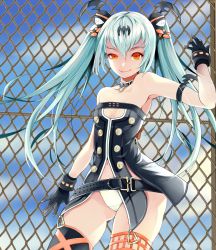 Rule 34 | 1girl, absurdres, alice (queen&#039;s gate), armband, bad id, bad pixiv id, bare shoulders, belt, belt skirt, black thighhighs, blue hair, chain-link fence, choker, cleavage cutout, clothing cutout, cloud, contrapposto, day, fence, gloves, hair ornament, highres, long hair, looking at viewer, navel, orange eyes, panties, queen&#039;s blade, queen&#039;s gate, settyaro, skindentation, sky, smile, solo, standing, thighhighs, twintails, underwear, uneven eyes, white panties