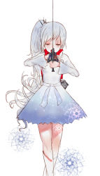 Rule 34 | 1girl, cropped jacket, closed eyes, highres, long hair, rwby, scar, shrimp cc, side ponytail, skirt, sword, weapon, weiss schnee, white hair