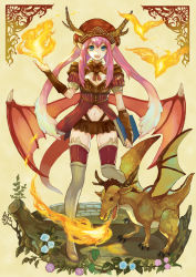 Rule 34 | 1girl, blue eyes, boots, dragon, dragon girl, dragon wings, fire, hat, horns, kochimo, low wings, monster girl, pink hair, solo, thigh boots, thighhighs, wings