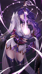 Rule 34 | 1girl, absurdres, arm up, armor, bakemonsou, black background, black thighhighs, braid, breasts, bridal gauntlets, cleavage, electricity, feet out of frame, floating hair, genshin impact, glowing, gradient background, highres, holding, holding sword, holding weapon, human scabbard, japanese clothes, kimono, large breasts, long hair, looking at viewer, low-braided long hair, low-tied long hair, mitsudomoe (shape), musou isshin (genshin impact), obi, obiage, obijime, parted lips, profile, purple hair, purple kimono, raiden shogun, red sash, sash, short hair, short kimono, shoulder armor, shrug (clothing), sideways glance, single braid, sword, tassel, thighhighs, thighs, tomoe (symbol), very short hair, vision (genshin impact), weapon, wide sleeves