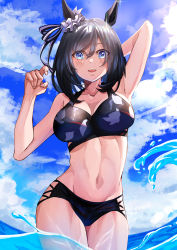 Rule 34 | 1girl, absurdres, animal ears, arm up, armpits, bare arms, bare shoulders, bikini, black bikini, black hair, blue eyes, blue sky, breasts, cleavage, cloud, collarbone, commentary, cowboy shot, day, ear scrunchie, eishin flash (umamusume), groin, hair between eyes, hair ribbon, hand up, highres, horse ears, kento (kentdrawing), large breasts, looking at viewer, navel, open mouth, ribbon, scrunchie, short hair, sky, solo, standing, stomach, swimsuit, thighs, umamusume, wading, water, white scrunchie