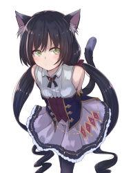 Rule 34 | 1girl, animal ear fluff, animal ears, bare shoulders, black hair, black pantyhose, blush, breasts, cat ears, cat girl, cat tail, commentary request, detached sleeves, dress, frills, from above, gem, green eyes, highres, karyl (princess connect!), leafy (kitsuneya), long hair, looking at viewer, low twintails, multicolored hair, pantyhose, princess connect!, simple background, sleeveless, sleeveless dress, small breasts, solo, streaked hair, tail, twintails, very long hair, white background, white hair