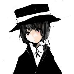 Rule 34 | 1girl, absurdres, bad id, bad pixiv id, black coat, black hair, bow, brown eyes, coat, eyelashes, facing viewer, hair bow, hat, head tilt, highres, light smile, looking at viewer, side ponytail, simple background, solo, star (symbol), symbol in eye, timesoe, touhou, usami renko, white background, white bow
