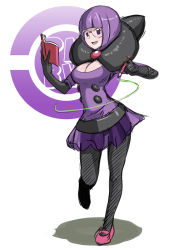 Rule 34 | 10s, 1girl, book, breasts, butcha-u, cleavage, copyright name, creatures (company), elite four, game freak, glasses, holding, holding book, large breasts, nintendo, notebook, open book, pantyhose, pen, pokemon, pokemon bw, purple eyes, purple hair, purple skirt, shauntal (pokemon), simple background, skirt, solo, white background